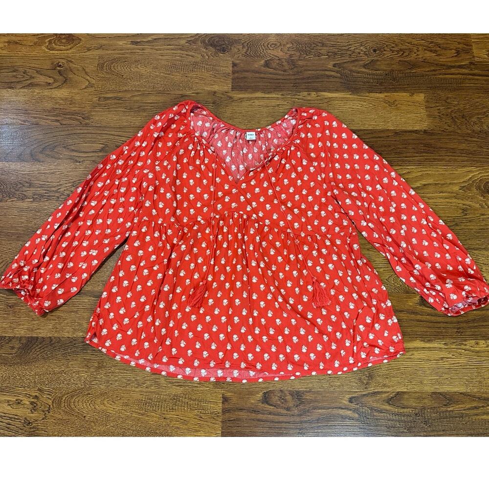 Old Navy Women's Red Tie Front Peasant Blouse Flowy Long Sleeve Size Large